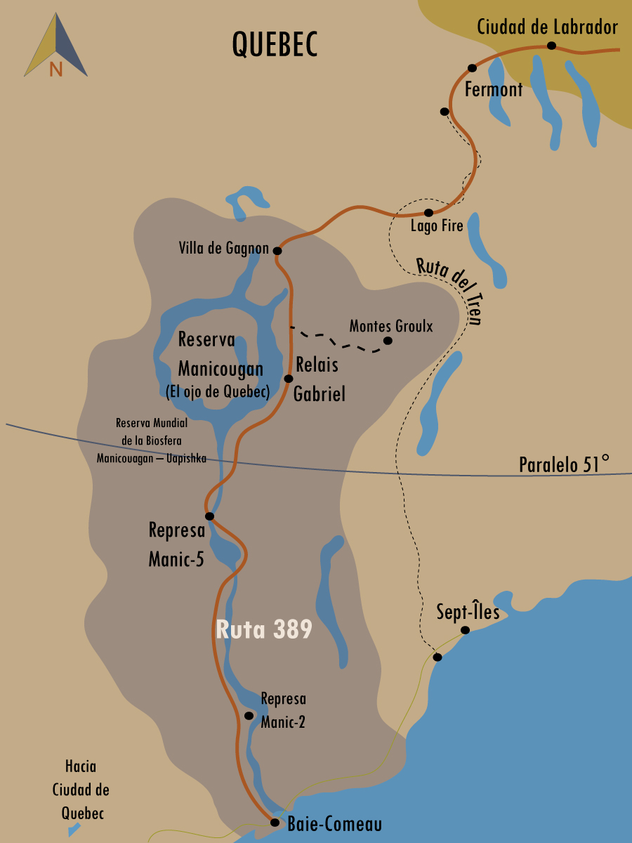 Mapa de la Ruta 389 Ruta Trans Quebec - Labrador